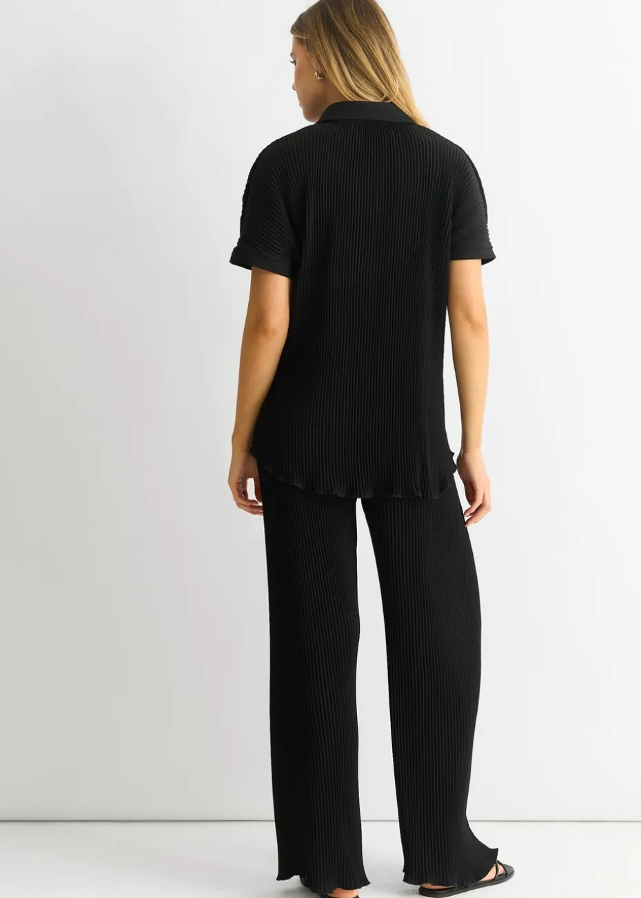 Gini London Black Plisse Short Sleeve Oversized Shirt