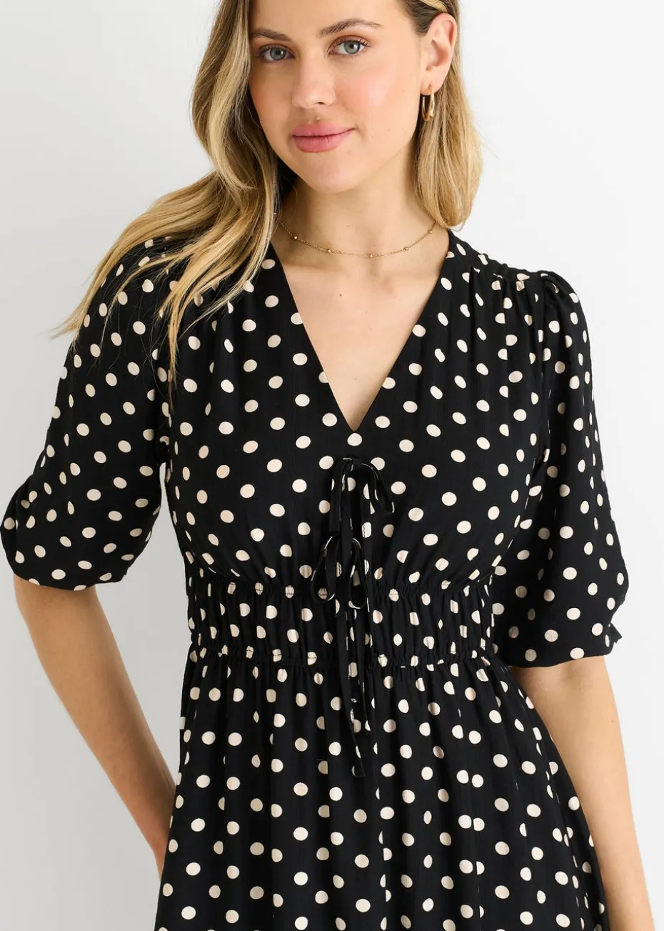 Gini London Black Spot Print Shirred Waist Shift Midi Dress