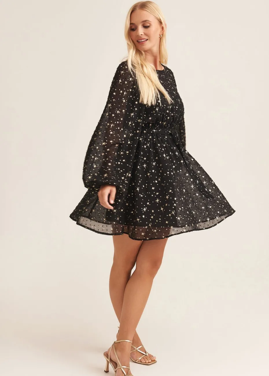 Gini London Black Star Print Long Sleeve Mini Dress