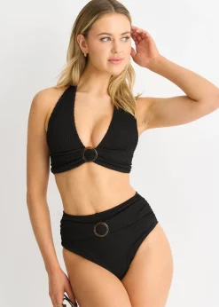 Gini London Black Textured High Waisted Bottoms With Ring Belt Detail