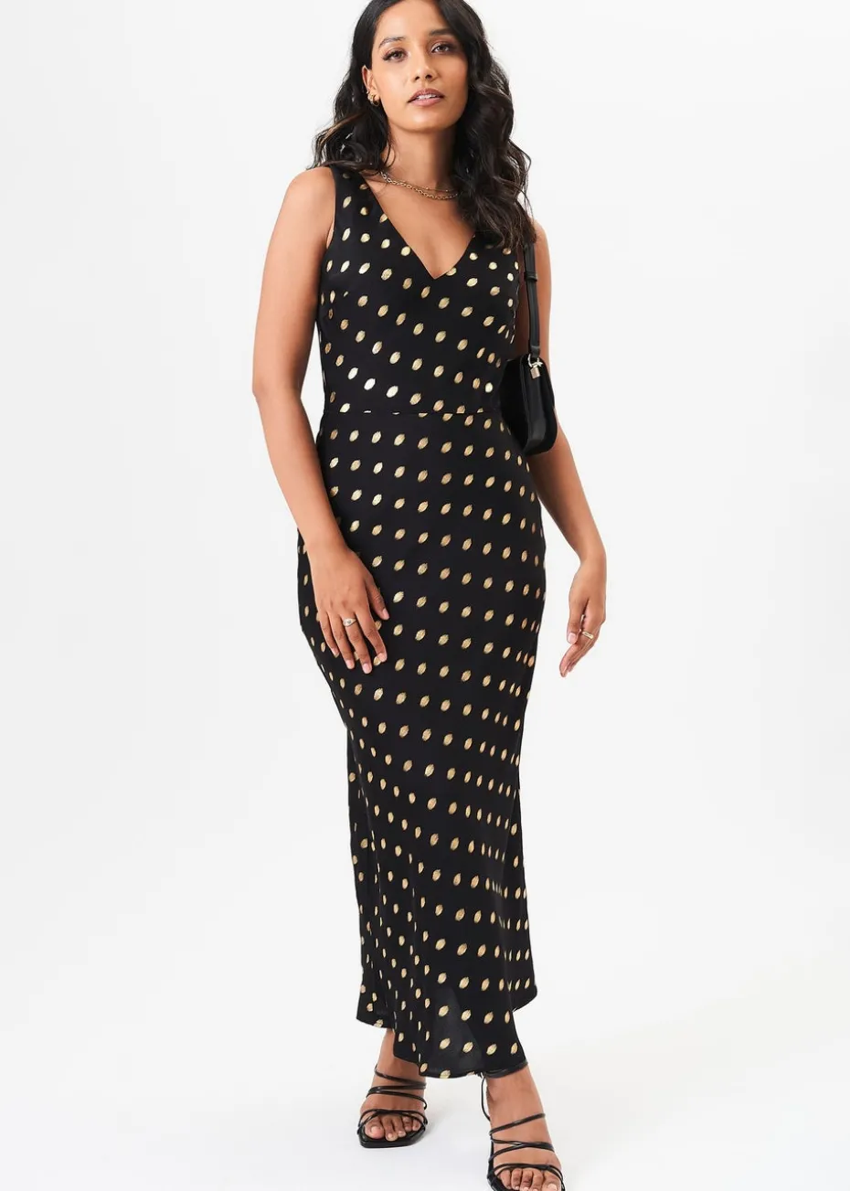 Gini London Black V Neck Bias Foil Satin Slip Midi Dress