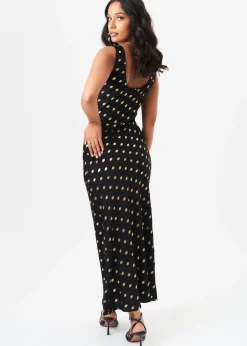 Gini London Black V Neck Bias Foil Satin Slip Midi Dress