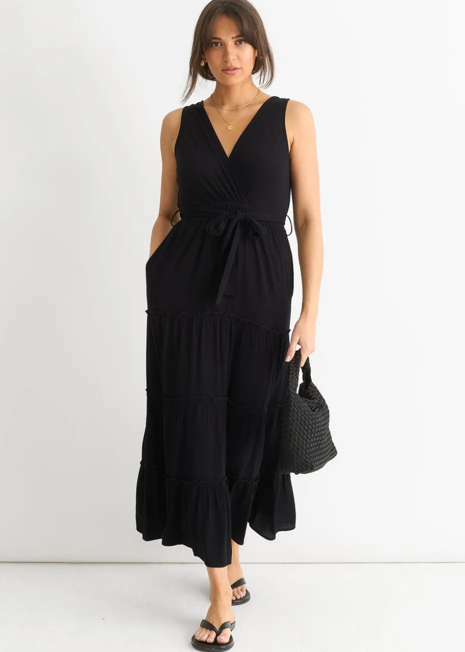 Gini London Black Viscose Wrap Tiered Maxi Dress