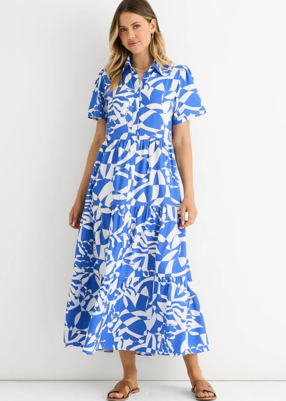 Gini London Blue Aztec Print Oversized Smock Midi Dress