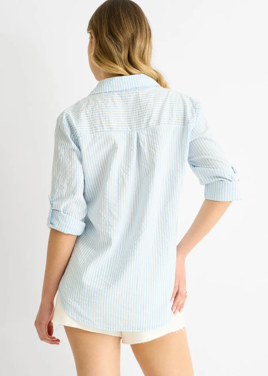 Gini London Blue Cotton Stripe Roll Up Sleeves Shirt