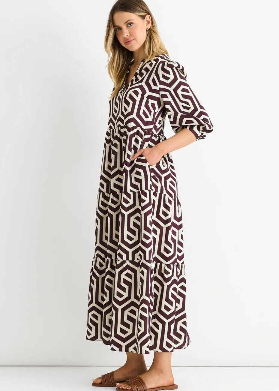 Gini London Brown Geo Print Smock Maxi Dress