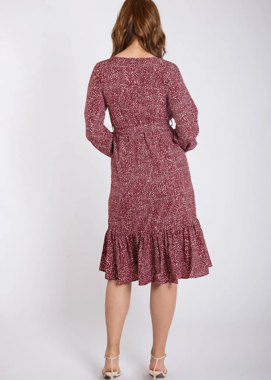 Gini London Burgundy Animal Print Split Detail Midi Wrap Dress