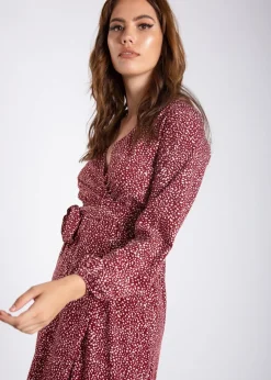 Gini London Burgundy Animal Print Split Detail Midi Wrap Dress