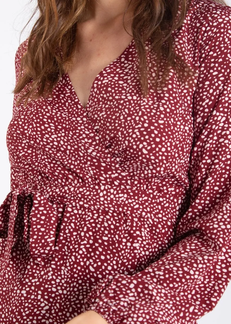 Gini London Burgundy Animal Print Split Detail Midi Wrap Dress