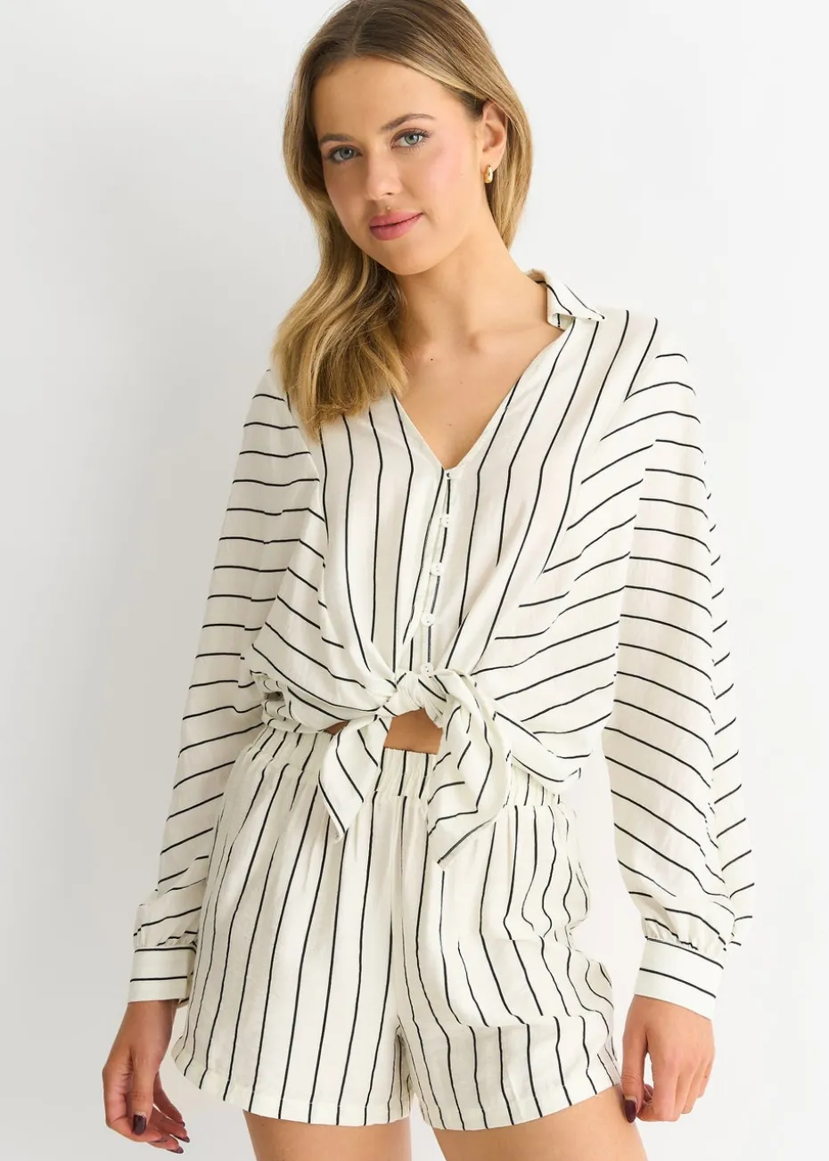 Gini London Cream Stripe Viscose Elasticated Waist Shorts
