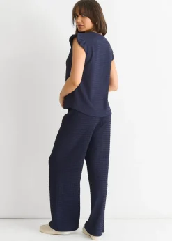 Gini London Dark Blue  Frill Sleeves Textured Oversized Top