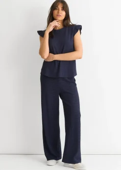 Gini London Dark Blue  Frill Sleeves Textured Oversized Top
