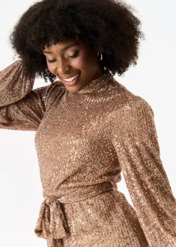 Gini London Gold High Neck Long Sleeves Belted Sequin Dress