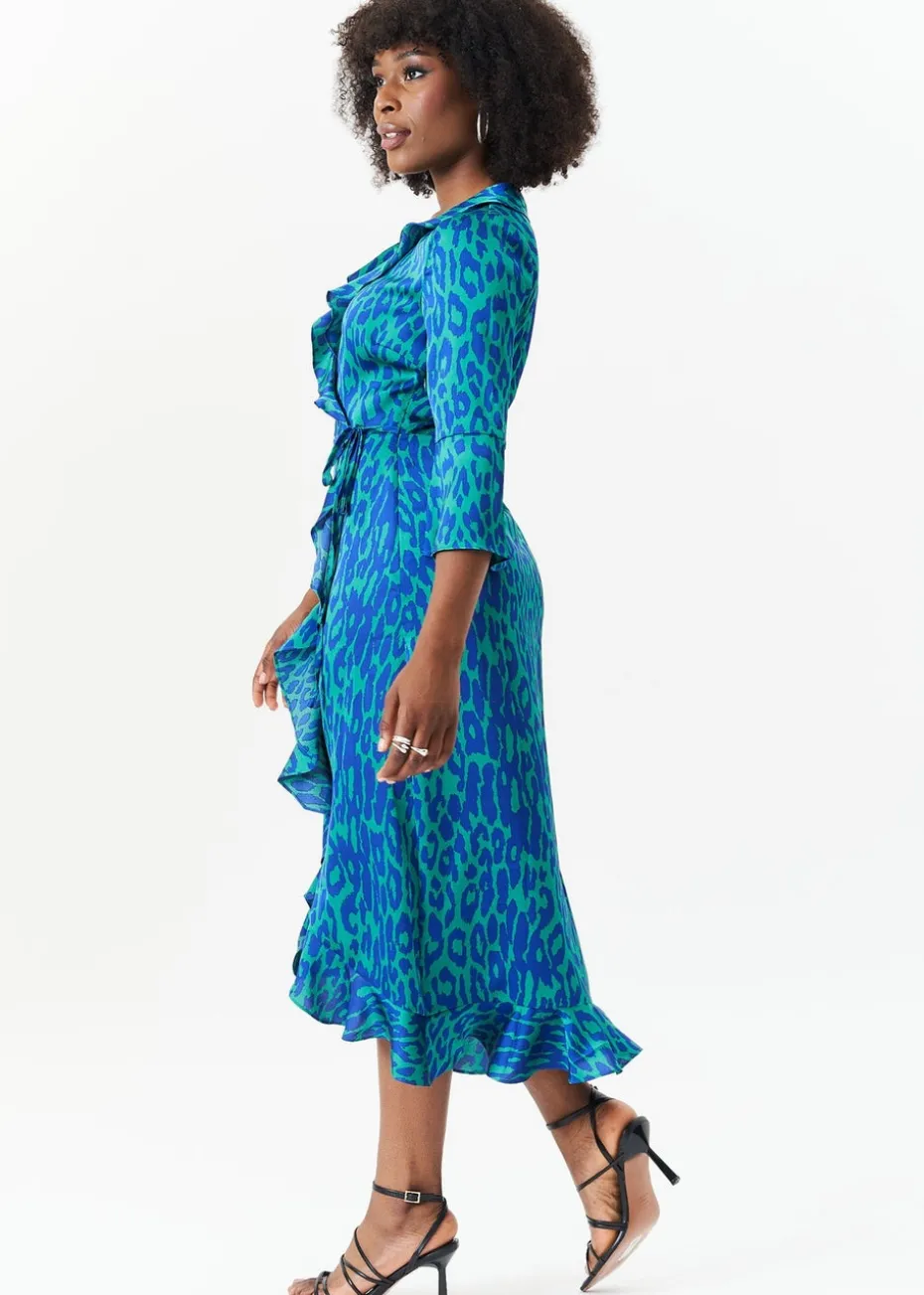 Gini London Green Animal Print Ruffle Wrap Dress