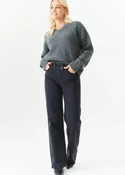 Gini London Grey V Neck Knit Oversized Jumper
