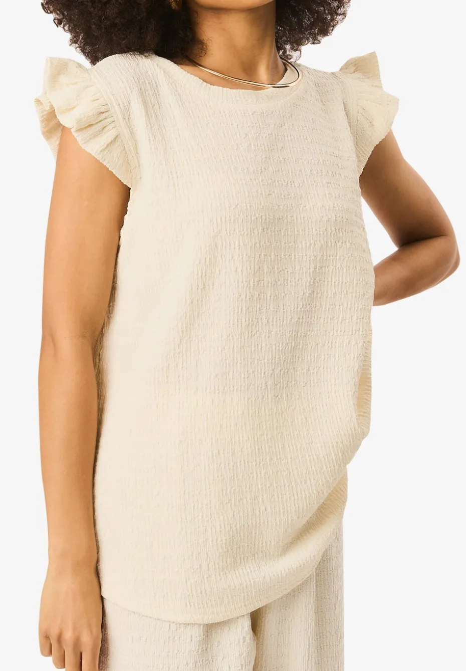Gini London Ivory Frill Sleeves Textured Oversized Top