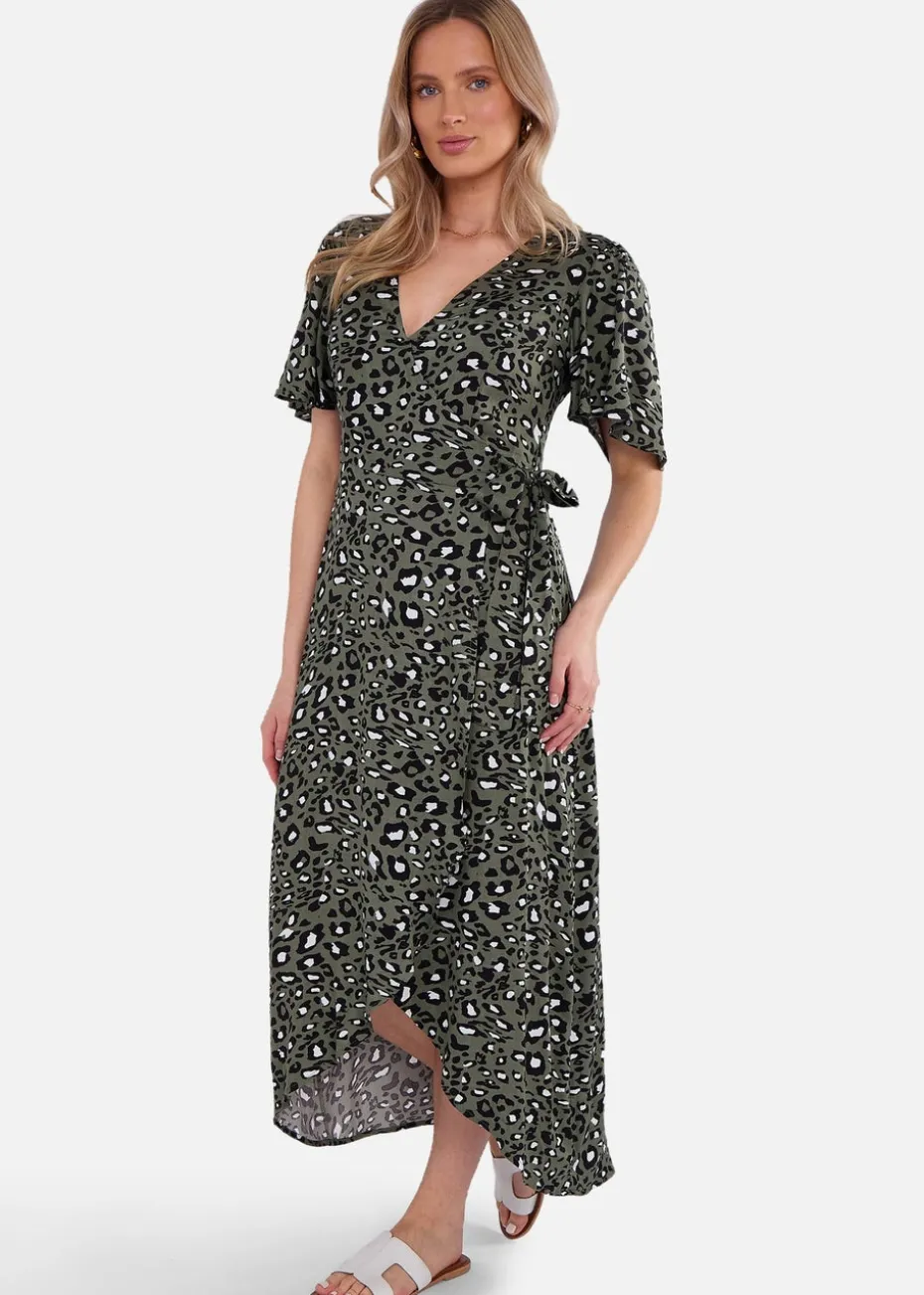 Gini London Khaki Animal Print Viscose Wrap Midi Dress