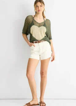Gini London Khaki Fish Net Heart Pattern Crochet Top