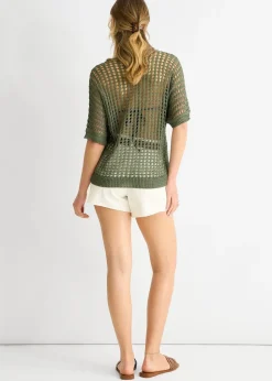 Gini London Khaki Fish Net Heart Pattern Crochet Top