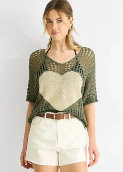 Gini London Khaki Fish Net Heart Pattern Crochet Top