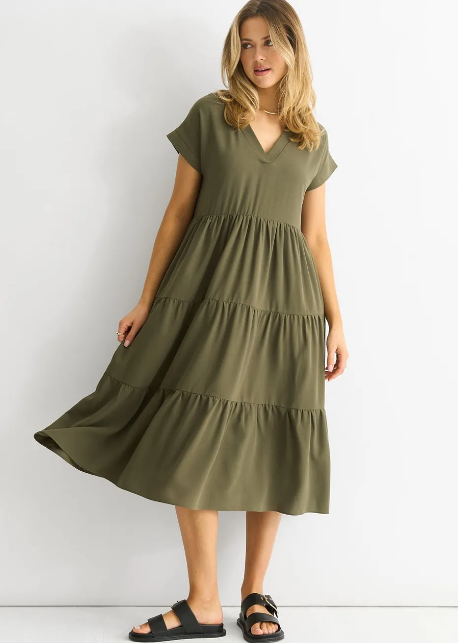 Gini London Khaki V Neck Pocket Smock Midi Dress