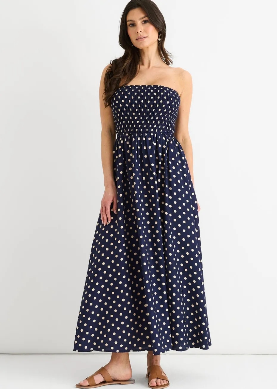 Gini London Navy Shirred Top Viscose Spot Midi Dress