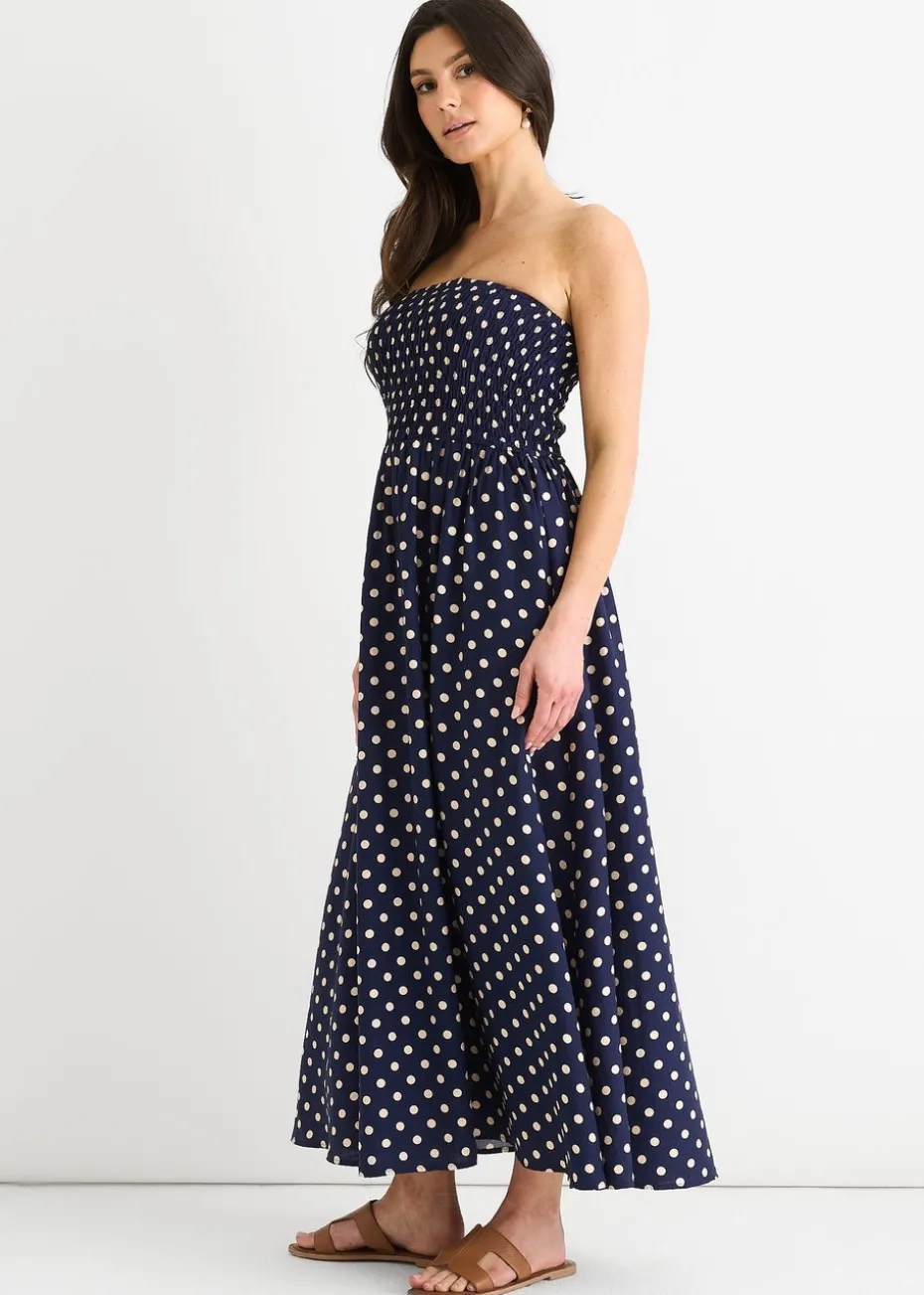 Gini London Navy Shirred Top Viscose Spot Midi Dress