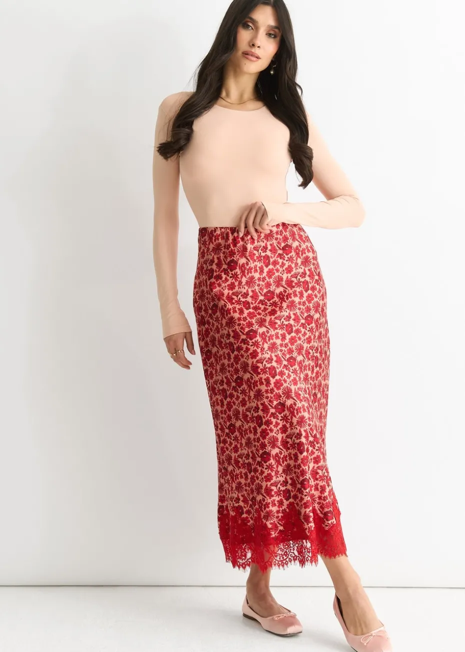 Gini London Red Floral Lace Trim Bias Midi Skirt