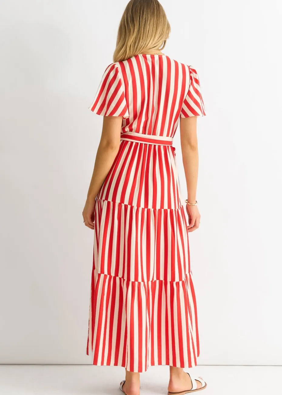 Gini London Red Stripe Wrap Belted Midi Dress