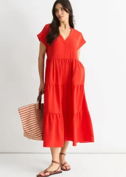 Gini London Red V Neck Pocket Smock Midi Dress