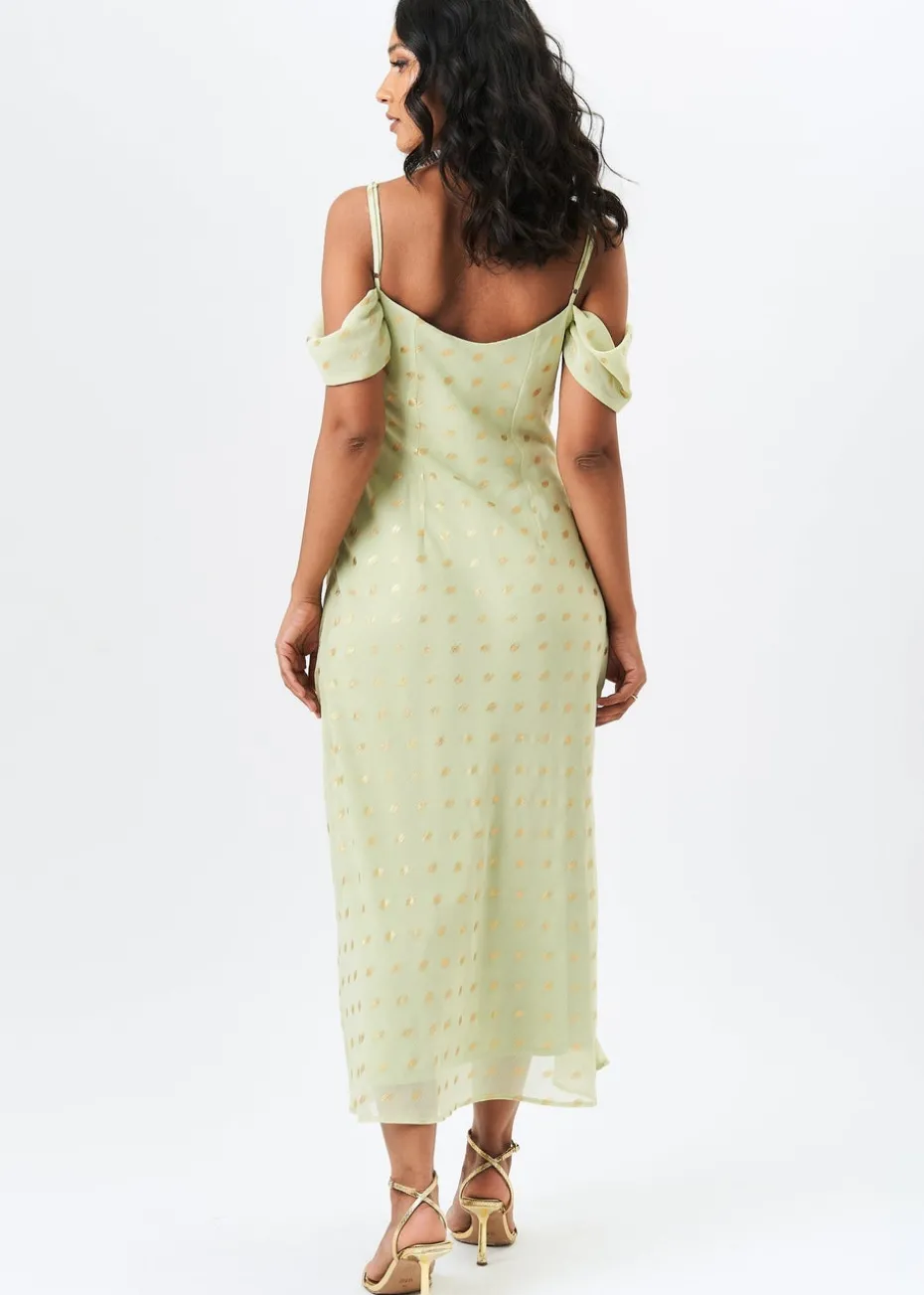 Gini London Sage Green Cowl Neck Drop Sleeves Foil Maxi Dress