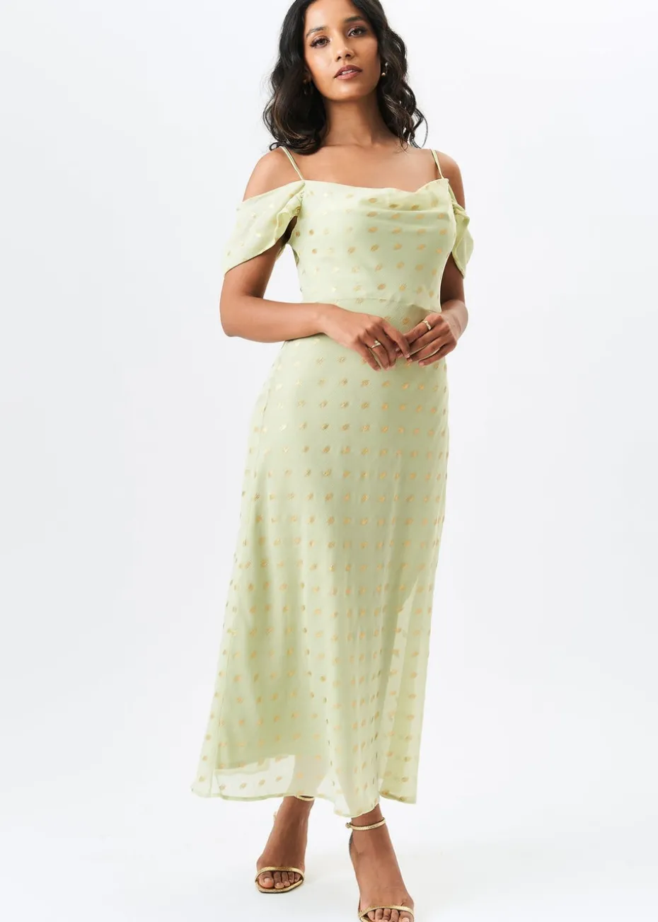 Gini London Sage Green Cowl Neck Drop Sleeves Foil Maxi Dress