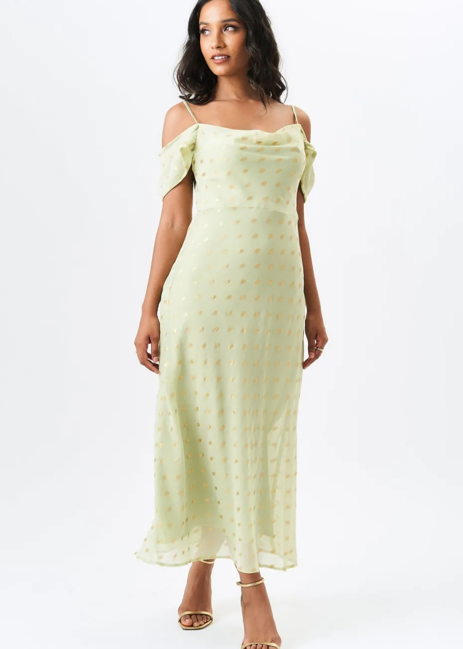 Gini London Sage Green Cowl Neck Drop Sleeves Foil Maxi Dress