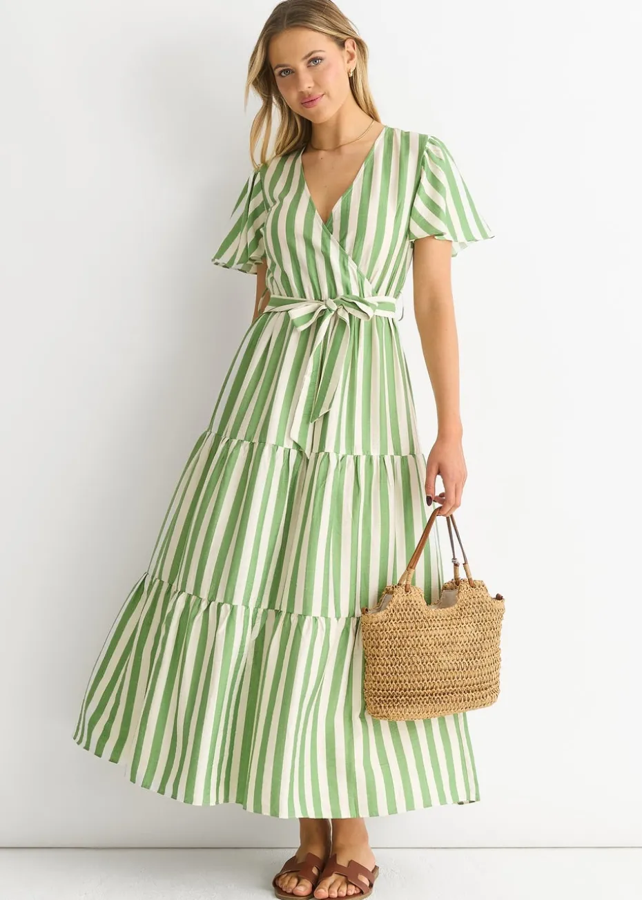 Gini London Sage Green Stripe Wrap Belted Midi Dress
