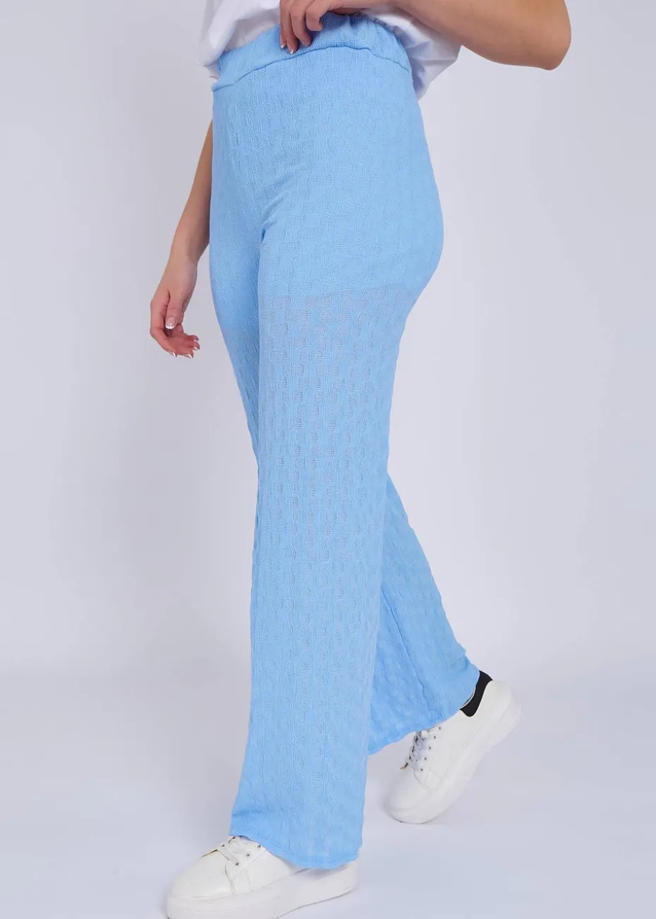 Gini London Sky Blue Textured Elasticated Waist Flared Trousers