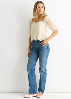 Gini London White Embroidered Lace Scallop Blouse