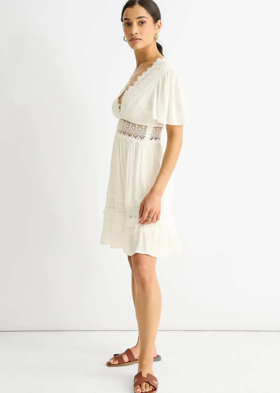 Gini London White Lace Trim Viscose Mini Skater Dress