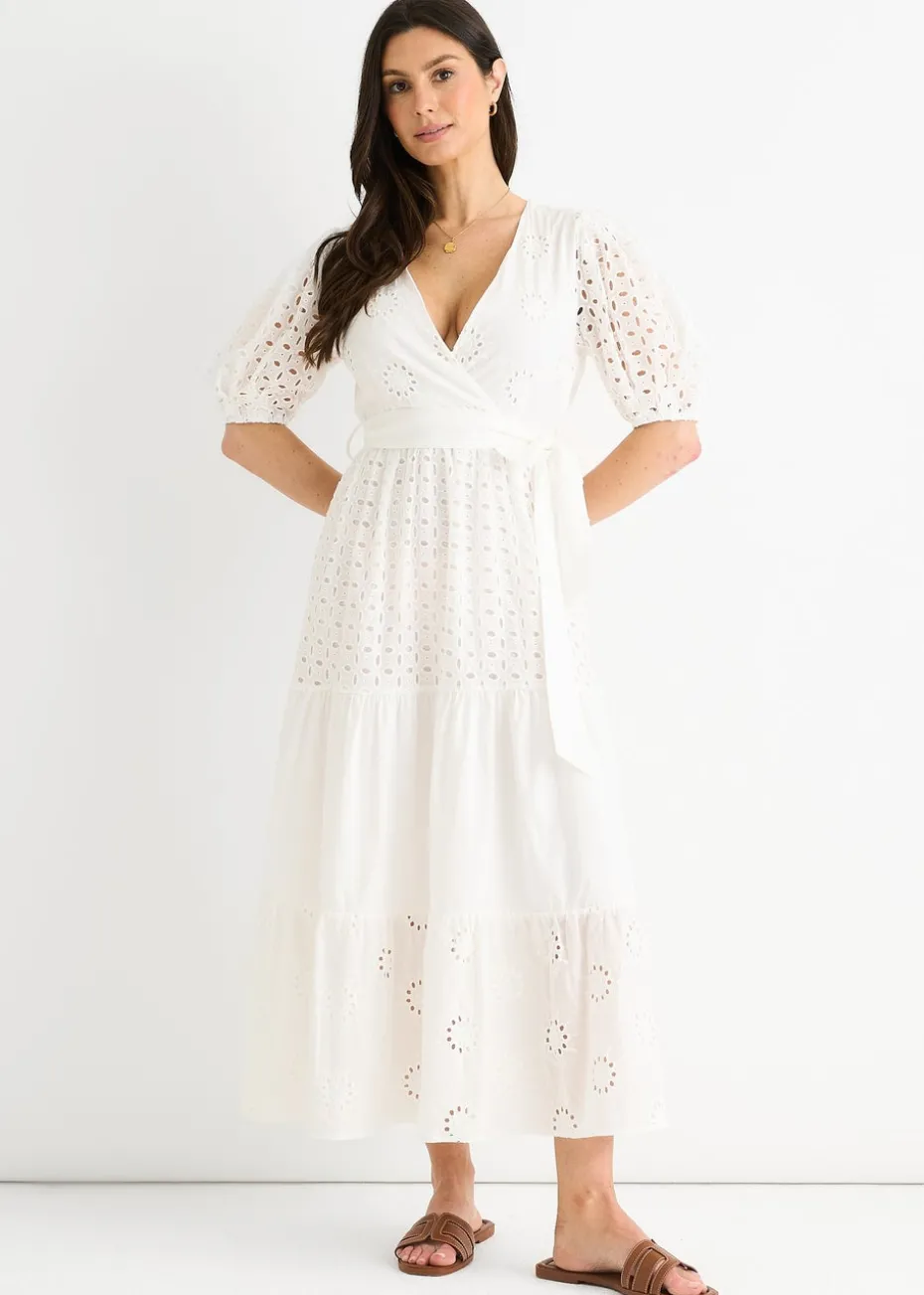 Gini London White Wrap Broderie Cotton Belted Midi Dress