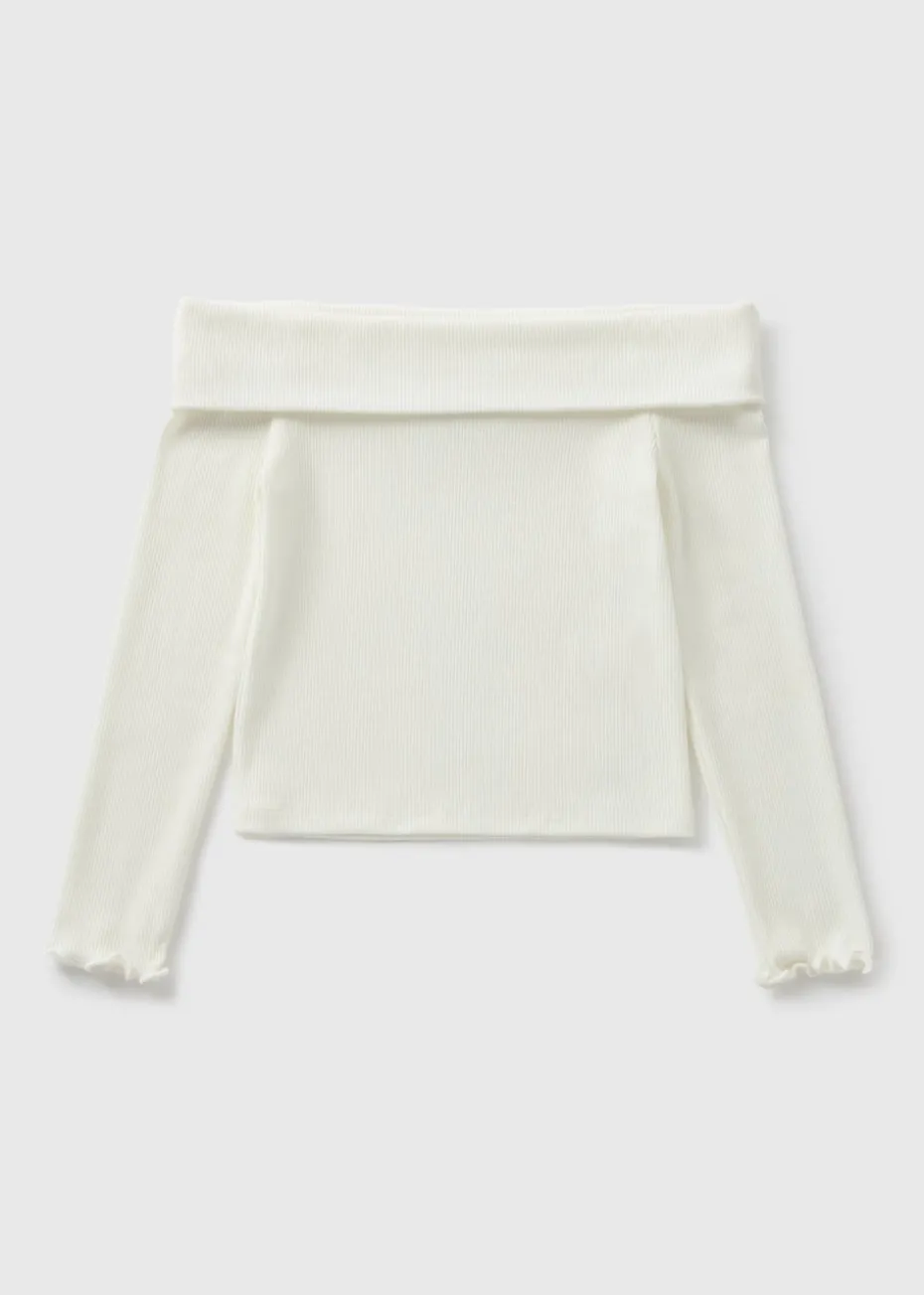 Girls Cream Bardot Long Sleeve Top (7-15yrs)