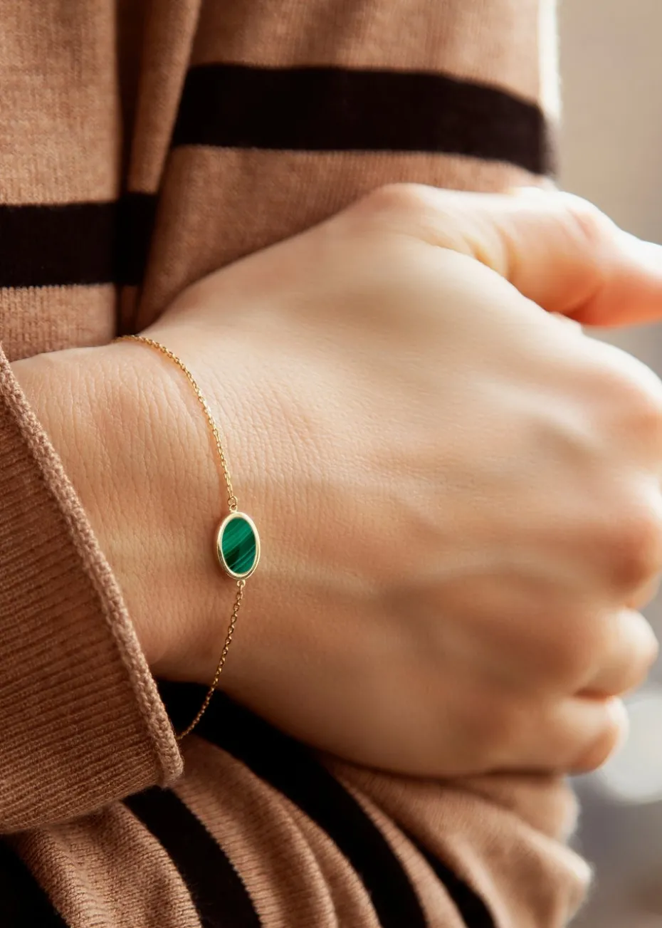 Golden Moments 9ct Yellow Gold Oval Malachite Bracelet