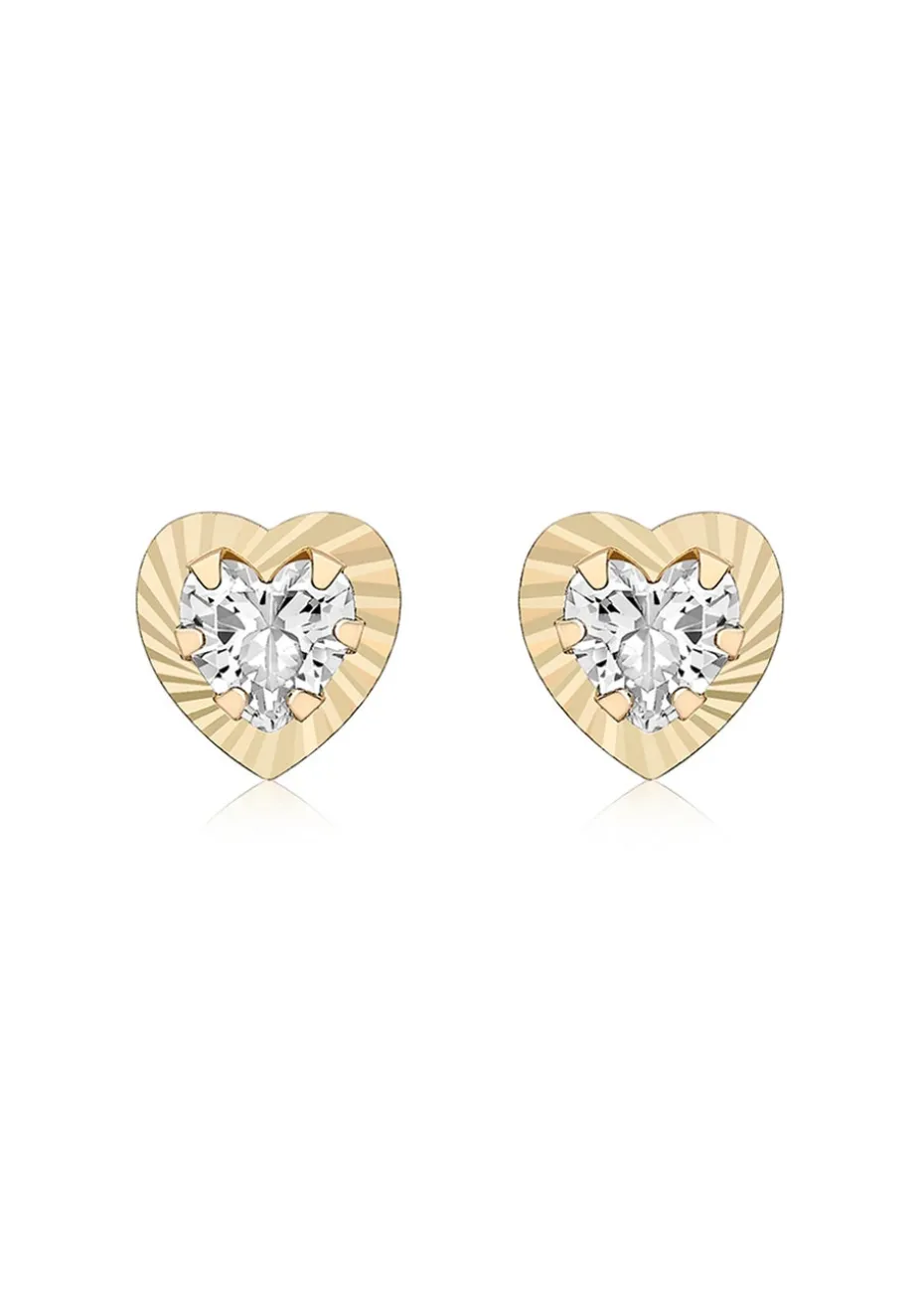 Golden Moments 9ct Yellow Gold CZ Diamond Cut Heart Stud Earrings