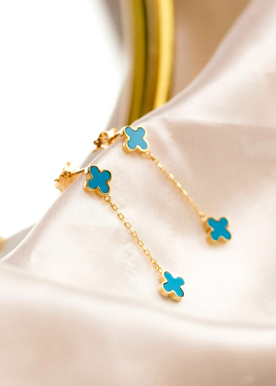Golden Moments 9ct Yellow Gold Turquoise Clover Petals Drop Stud Earrings