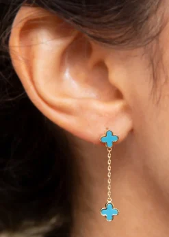 Golden Moments 9ct Yellow Gold Turquoise Clover Petals Drop Stud Earrings