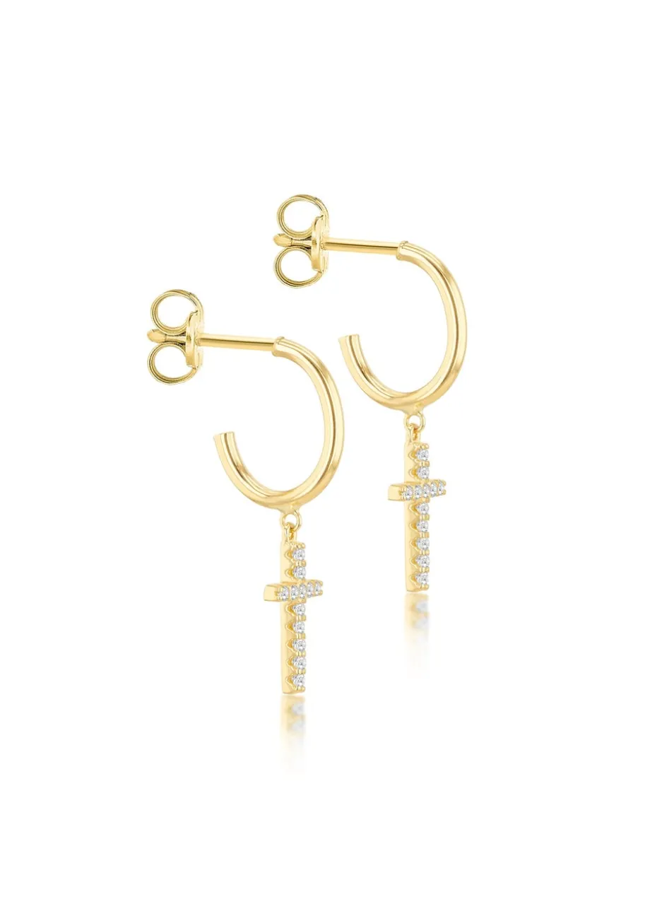 Golden Moments 9ct Yellow Gold CZ Cross Drop Stud Earrings