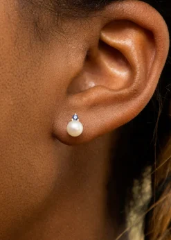 Golden Moments 9ct Yellow Gold Fresh Water Pearls with Round Blue CZ Stud Earrings