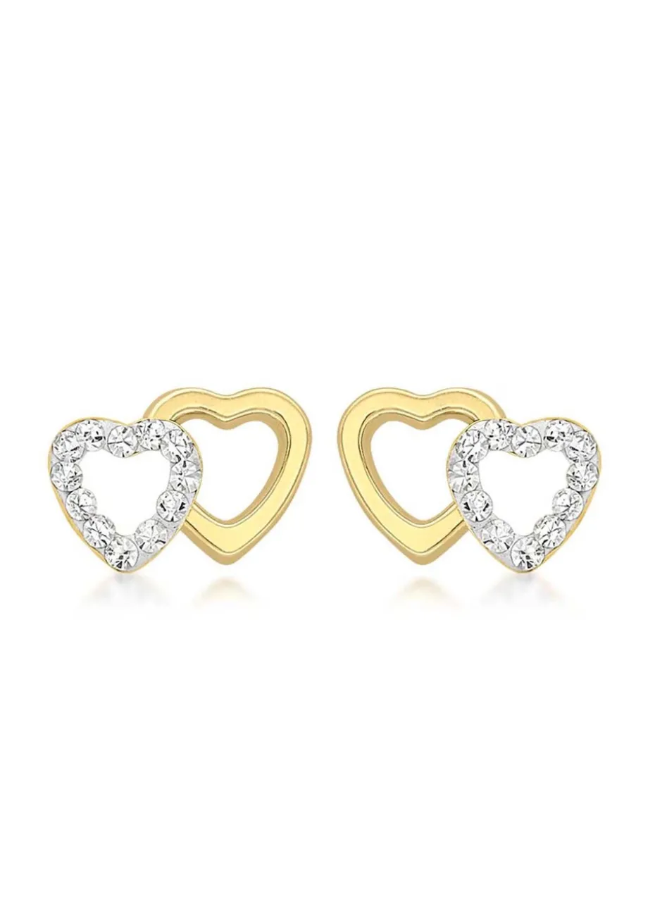 Golden Moments 9ct Yellow Gold Pave Set CZ Double Open-Heart Stud Earrings