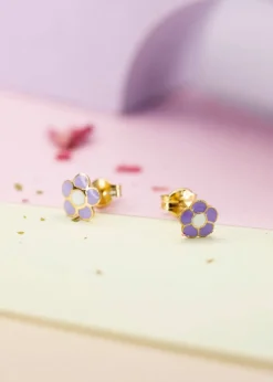 Golden Moments 9ct Yellow Gold Purple Enamel Flower Stud Earrings