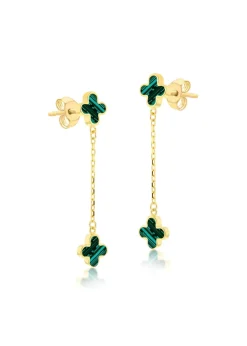 Golden Moments 9ct Yellow Gold  Green Clover Petals Drop Stud Earrings