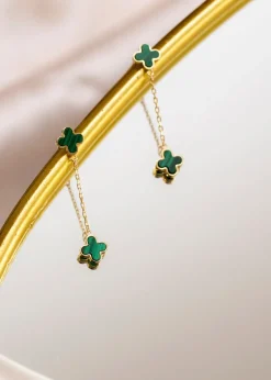 Golden Moments 9ct Yellow Gold  Green Clover Petals Drop Stud Earrings