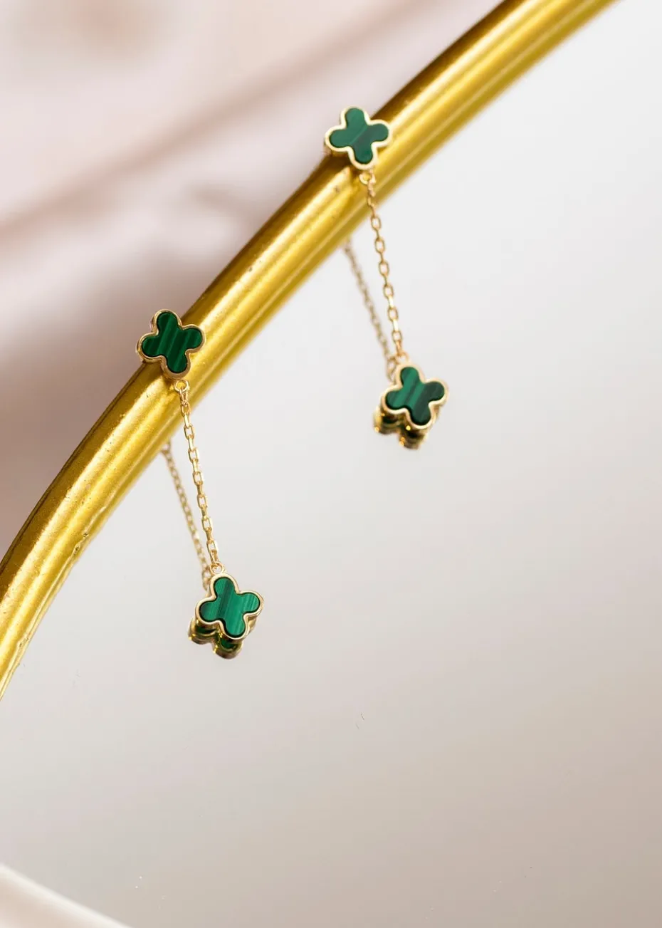 Golden Moments 9ct Yellow Gold Green Clover Petals Drop Stud Earrings
